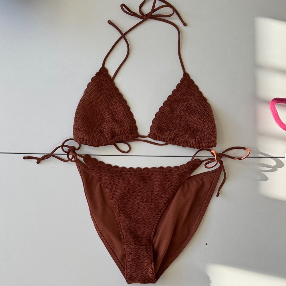 Crocheted Scalloped Edge Brown Bikini Set